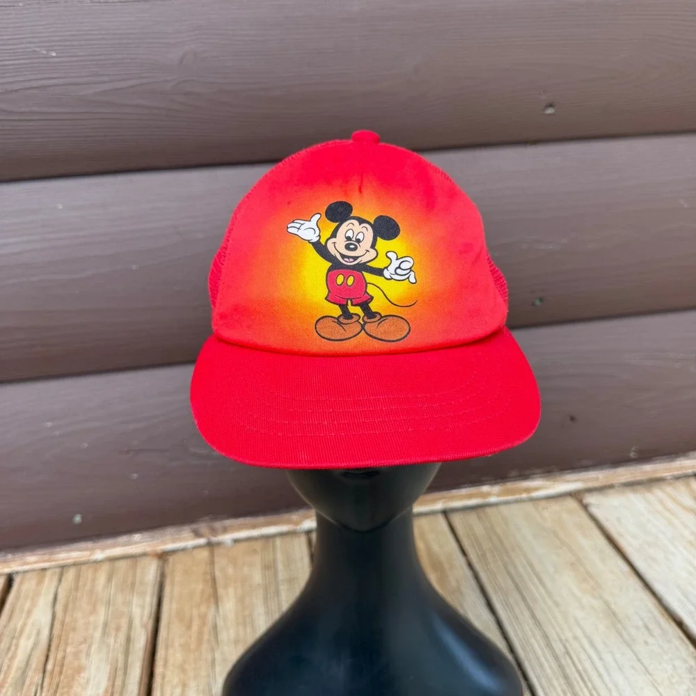 Vtg Mickey Mouse Red Mesh Snapback Trucker Cap Disney Atlas Made in USA Youth